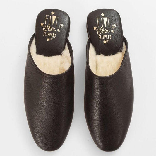 Black leather mule slippers
