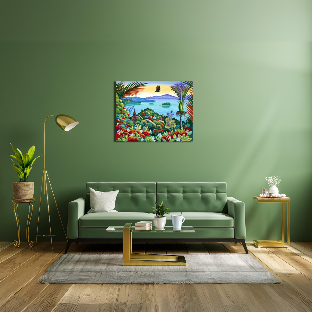 Brick Bay Art Print in an apple green lounge with green velvet sofa