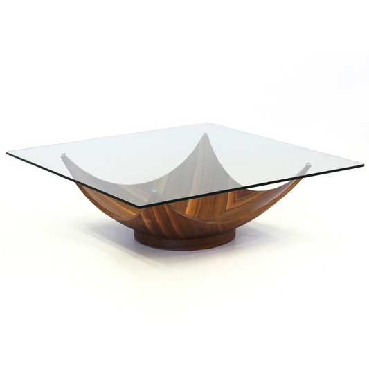 Caliche Coffee Table with a solid wooden "cradle" that  holds up a square piece of glass