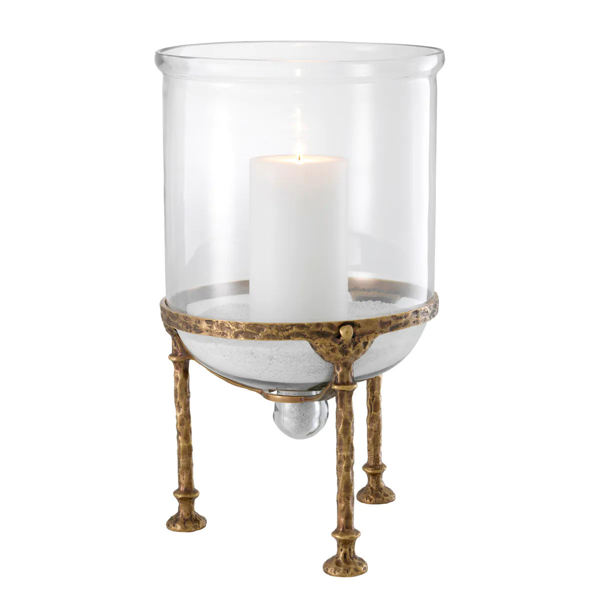 Grace Hurricane lamp candle holder from Eichholtz, glass bell jar on vintage brass legs