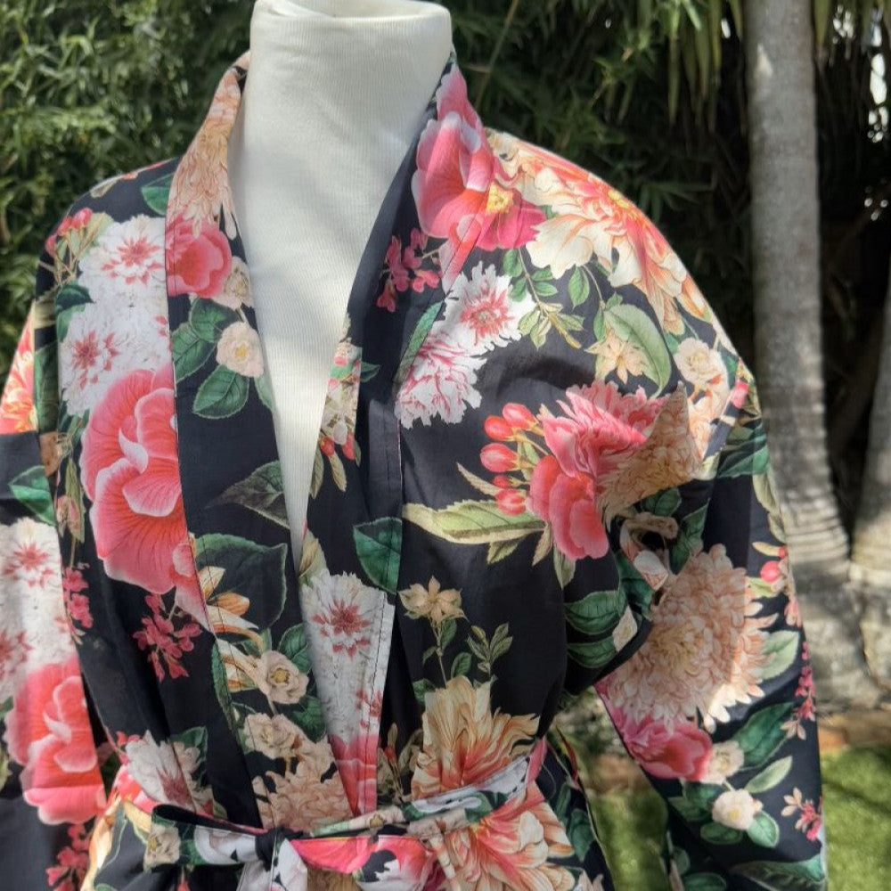 Black Fleur Kimono Robe with bright exotic flowers