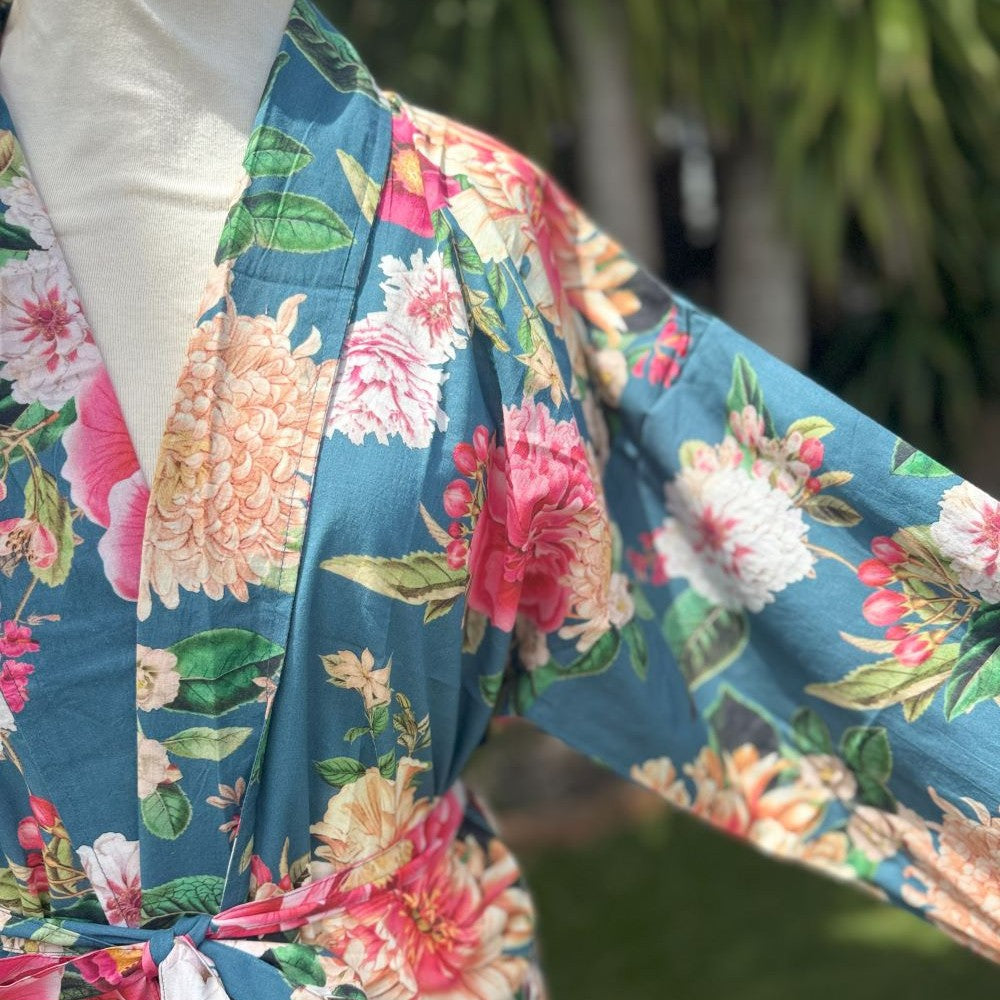 Fleur Kimono robe in bluestone with large colourful florals