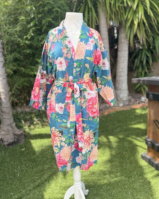 Fleur Kimono Robe - Bluestone