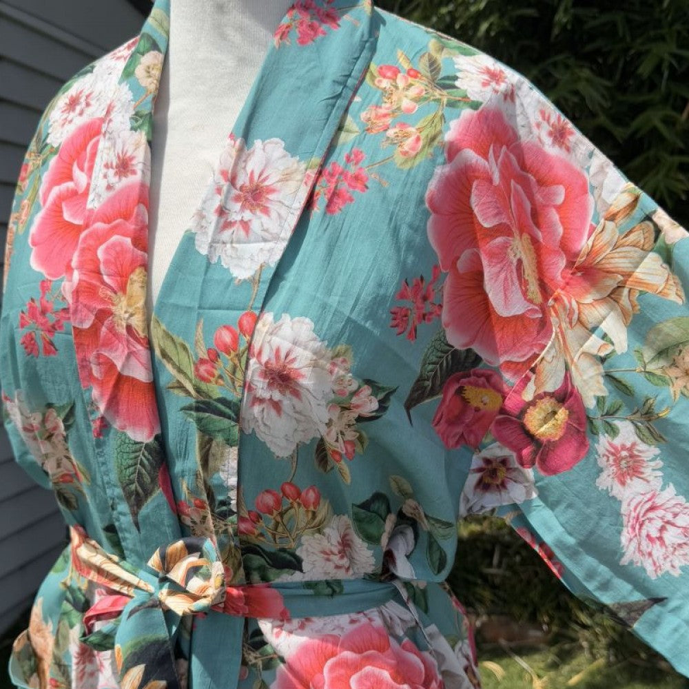 Fleur kimono robe in  lagoon green with bright large florals