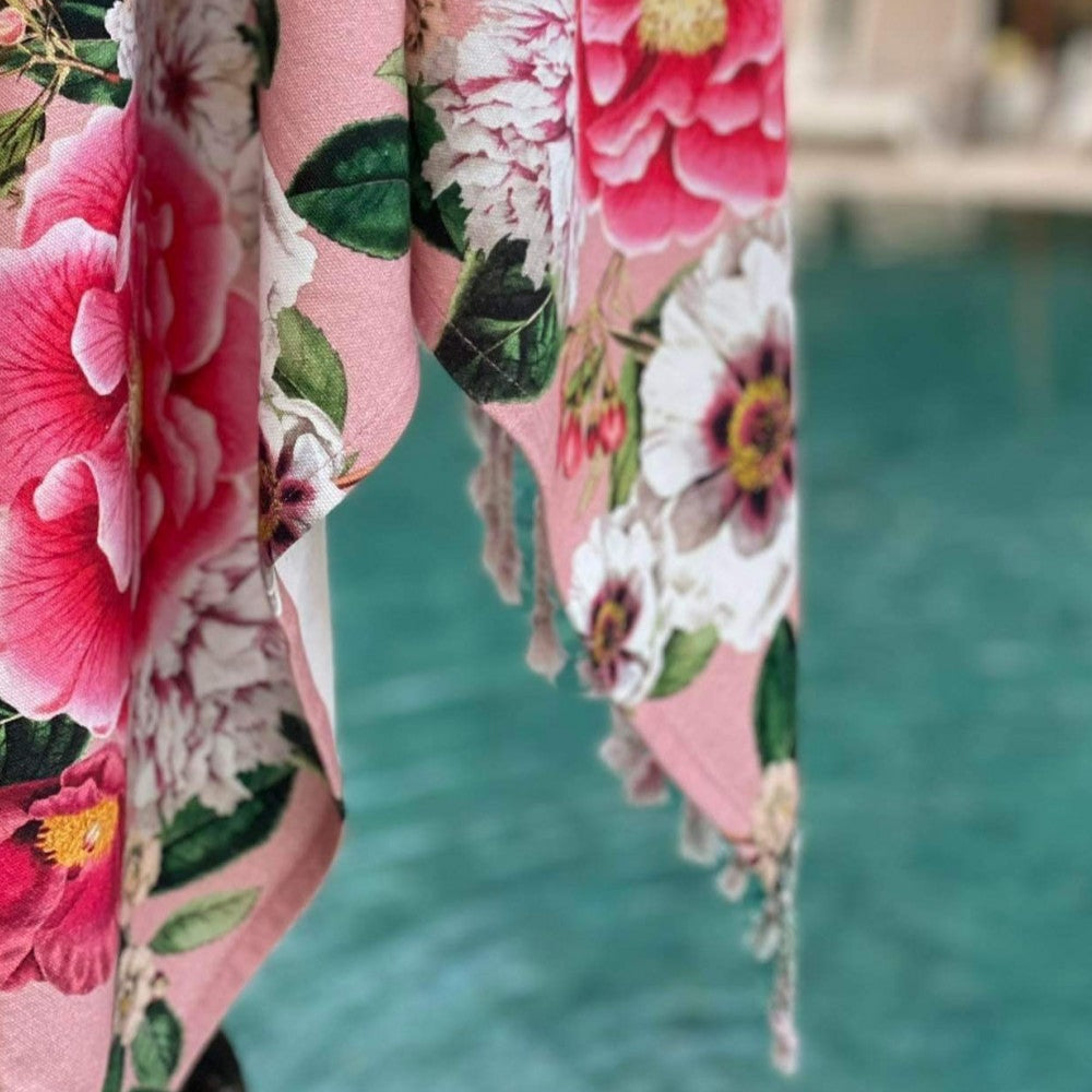 Pink floral turkish towel called Fleur finished with tassels