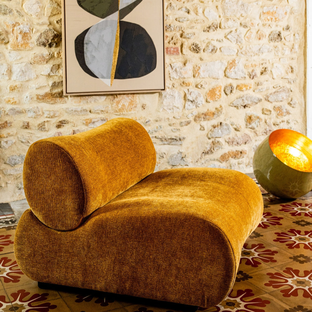 Hinton seat is a mustard, velvet organic shaped chair
