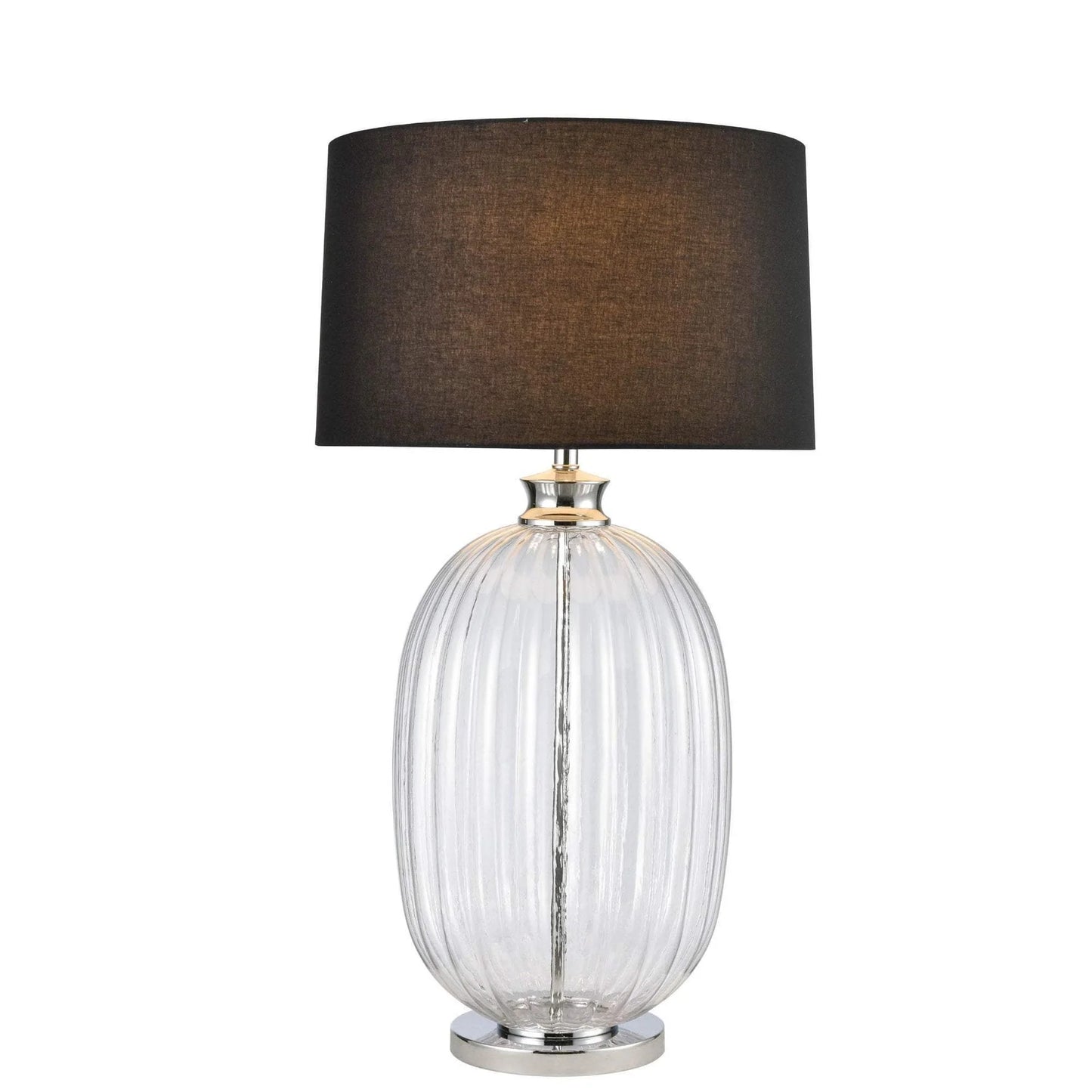 The Dawn Kingsley Table Lamp is a large, glass table lamp base with grooves in the clear glass.