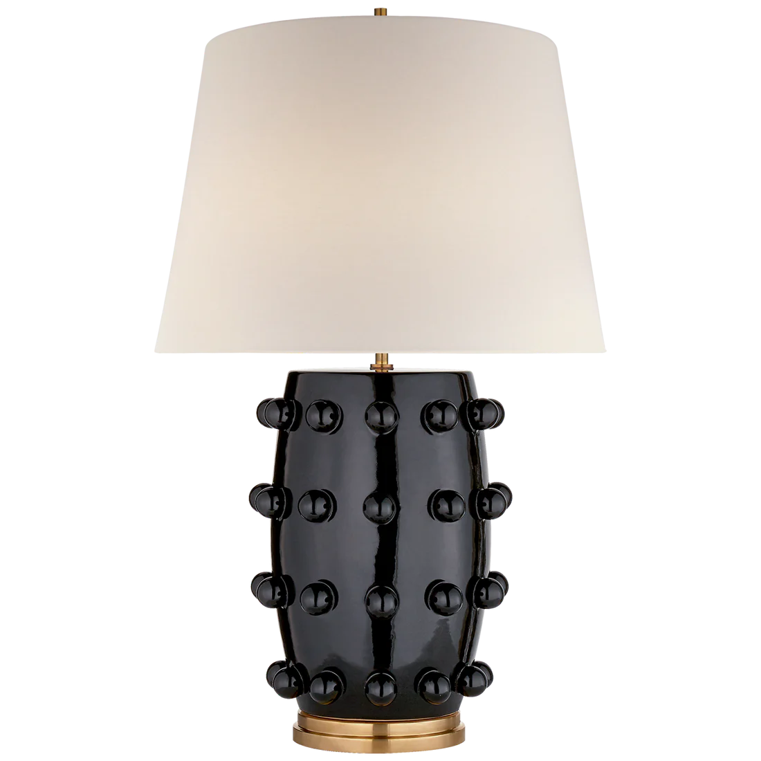 Linden Table Lamp by Kelly Wearstler, black base covered in small spheres and finished with a large cream linen shade