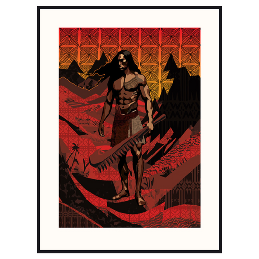 picture in black frame depicting the Samoan god of earthquakes, Mafui-e. A dramatic mix of oranges, yellows and browns with a bare chested polynesian figure holding a club