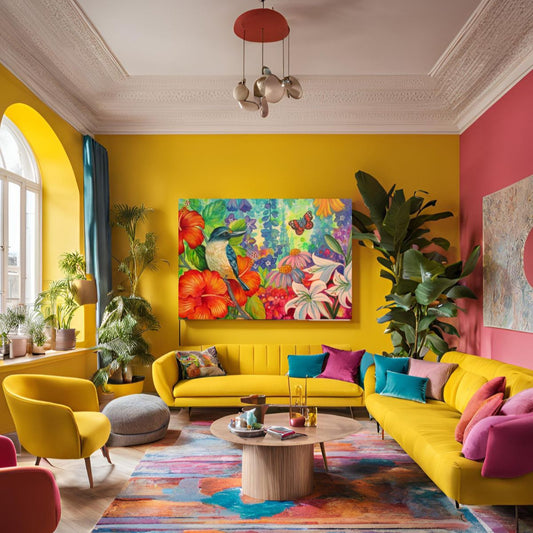 vibrant colourful lunch in yellows and pinks featuring a large canvas with birds and hibiscus