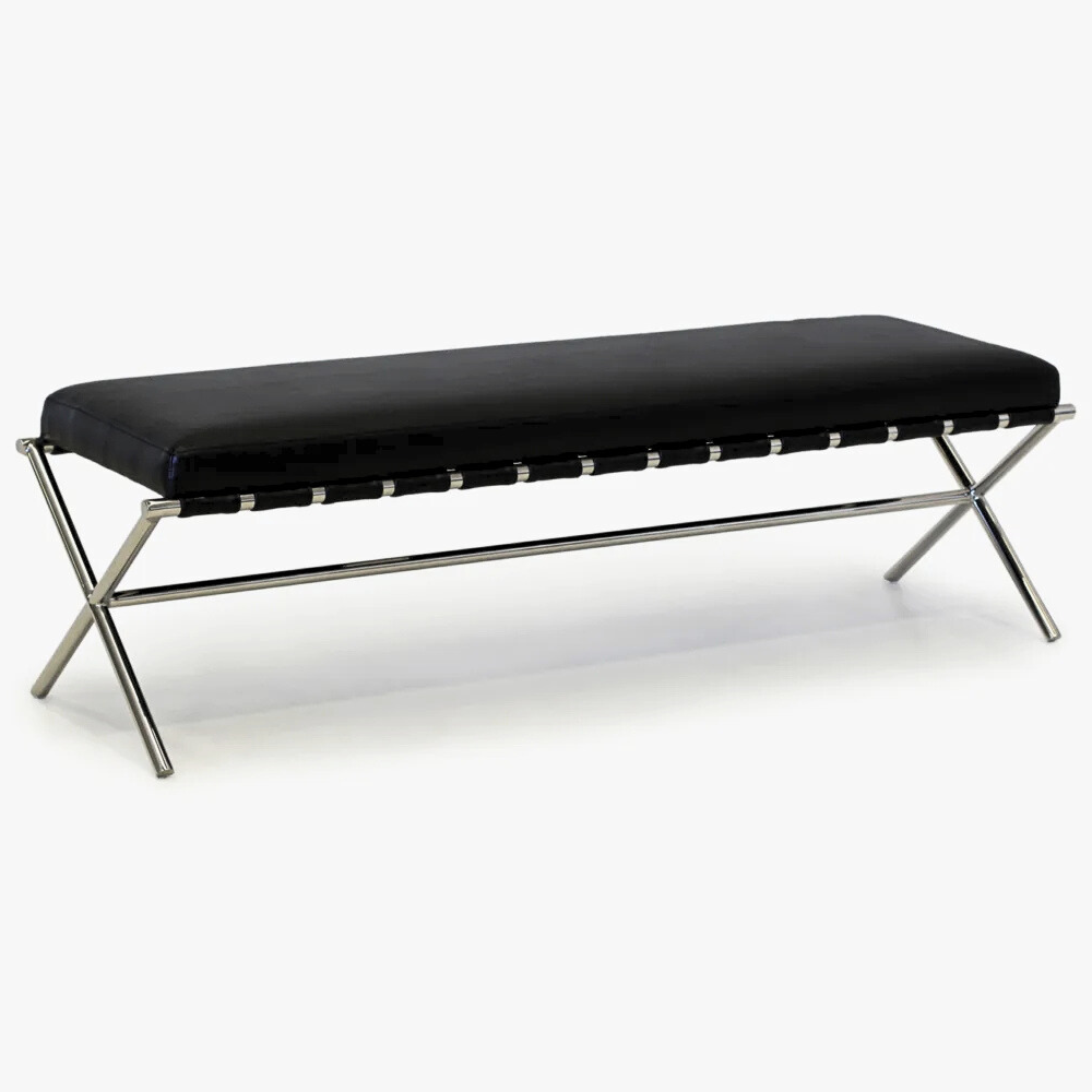 Black faux leather bench with stainless steel cross frame