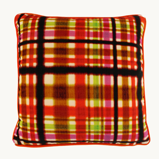 Ultra vibrant tartan cushion in a bright mix of orange, brown, lime, fuchsia, omber 