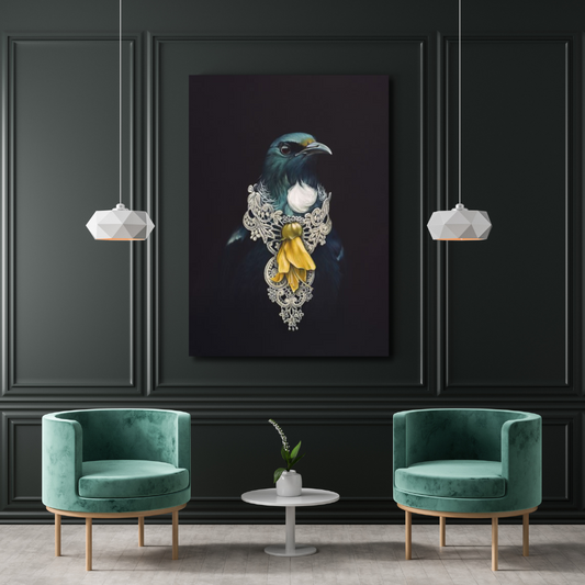 Canvas art print "she of the kowhai" by Jane Crisp hung on a dark green panelled wall with two moder round green velvet chairs in front. 