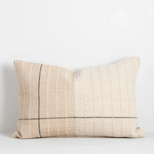 Rectangular Takumi Cushion in off white and camel colours with a woven texture and green line