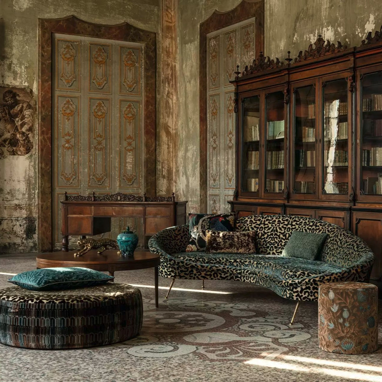 Faded luxury manor lounge featuring modern furniture pieces covered in the Talisman fabric and Cosmic Kiss collection by Carlucci
