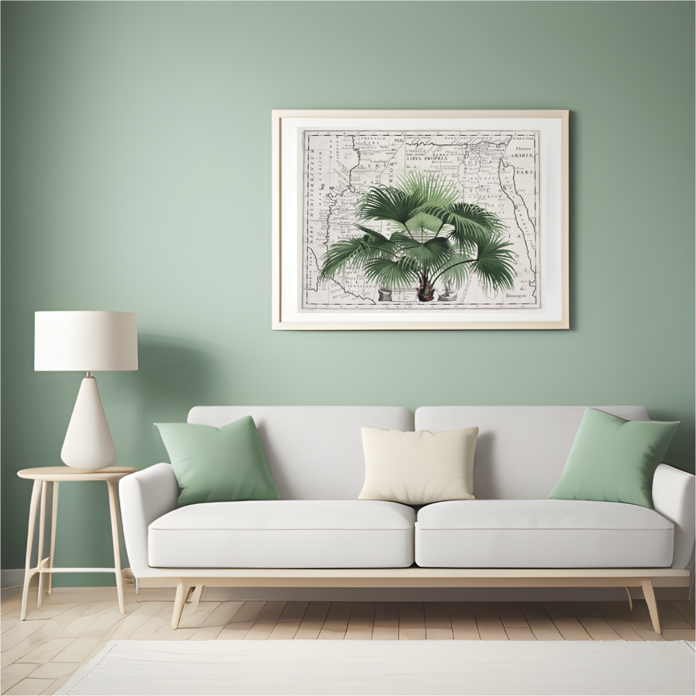 vintage style print with large palm fronts against a map hanging above a mid century style simple pale green sofa with green cushions. The print is hanging on a sage green wall and there is a wooden floor and a small wooden side table with a white table lamp on it
