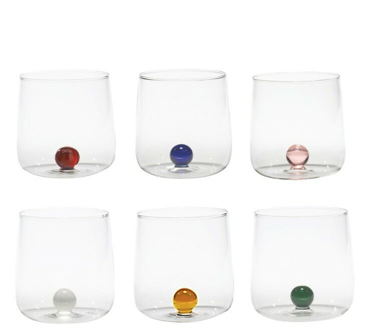 6 glass tumblers from Zafferano with coloured glass marbles in the base