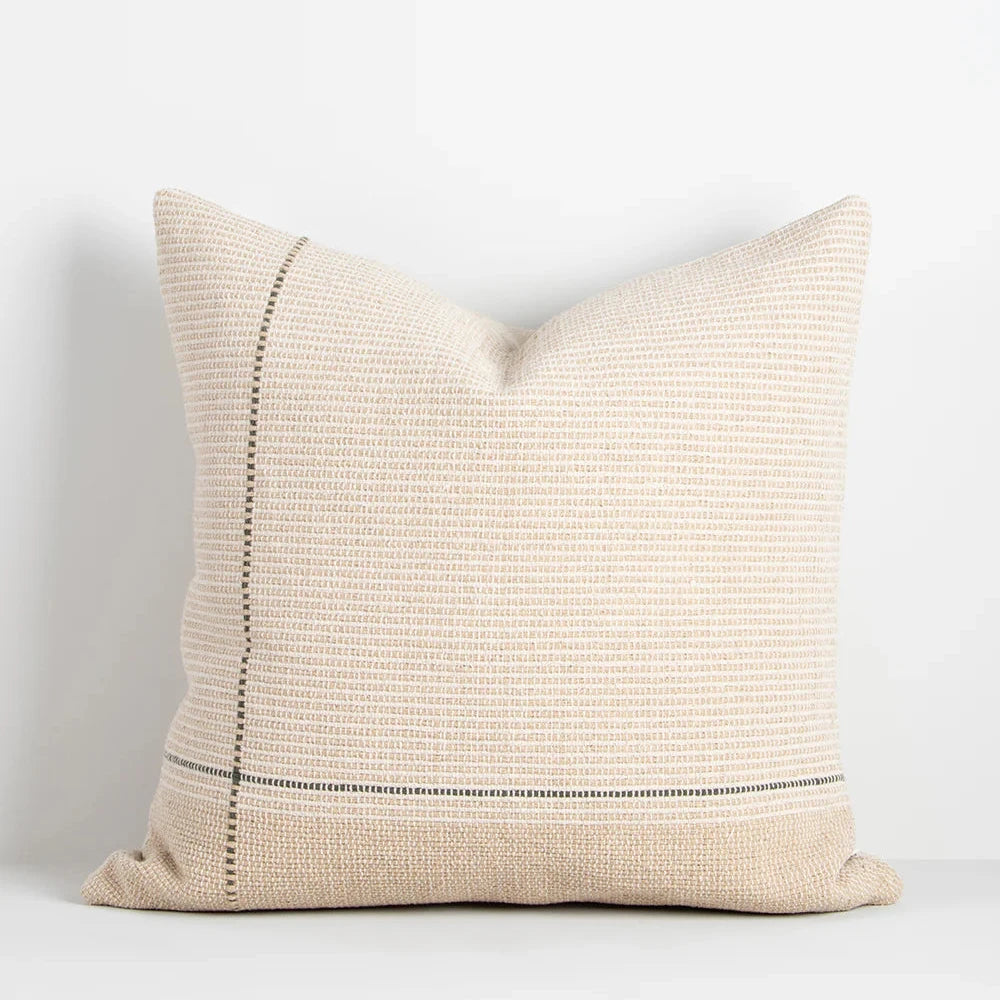 Cotton Linen Akemi cushion in camel and off white with green linear detailing