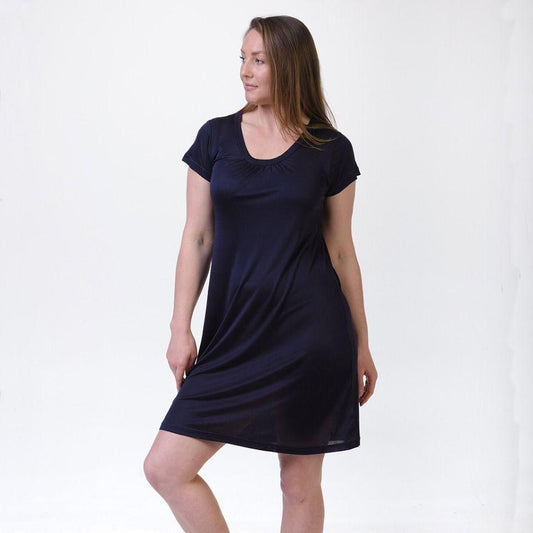 short silk nightie in midnight blue on a model