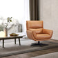 Tan leather Pauli swivel armchair in a modern room with greys on the carpet coffee table, tiled walls