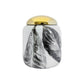 Ginger jar in white porcelain with black leaf pattern and shiny gold lid