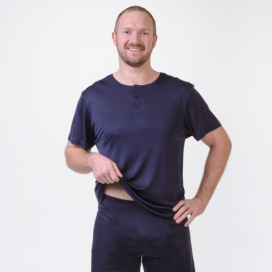 mens silk pyjamas in navy