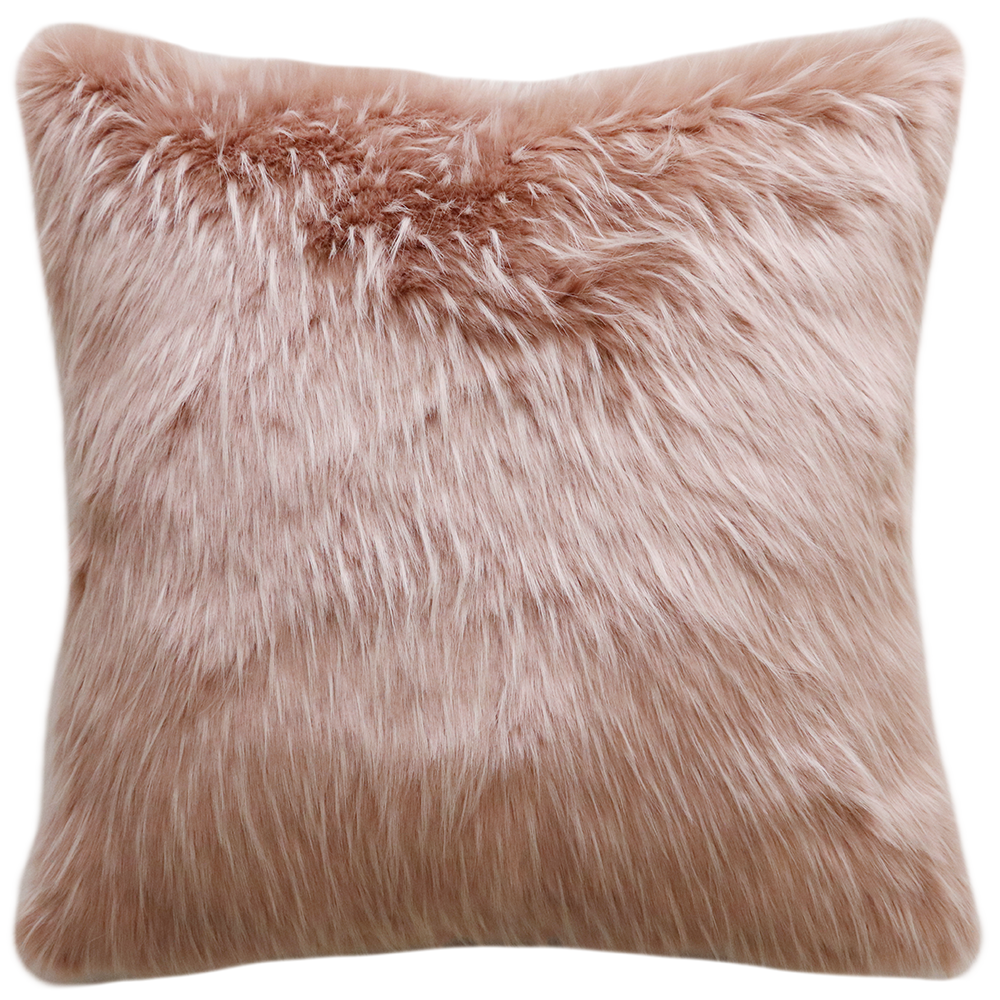 Imitation faux fur cushion in pink Peony Plume by Heirloom, Furtex. Fake fur cushions for New Zealand interiors